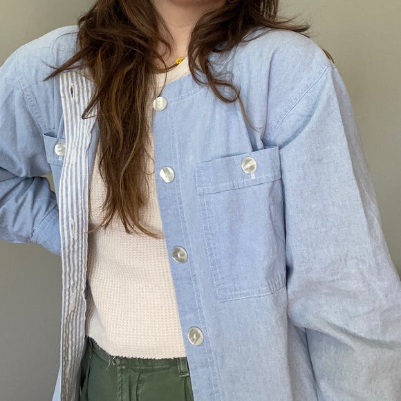 Vintage Chambray Collarless Smock Oversized Button Down - Picture 8 of 11
